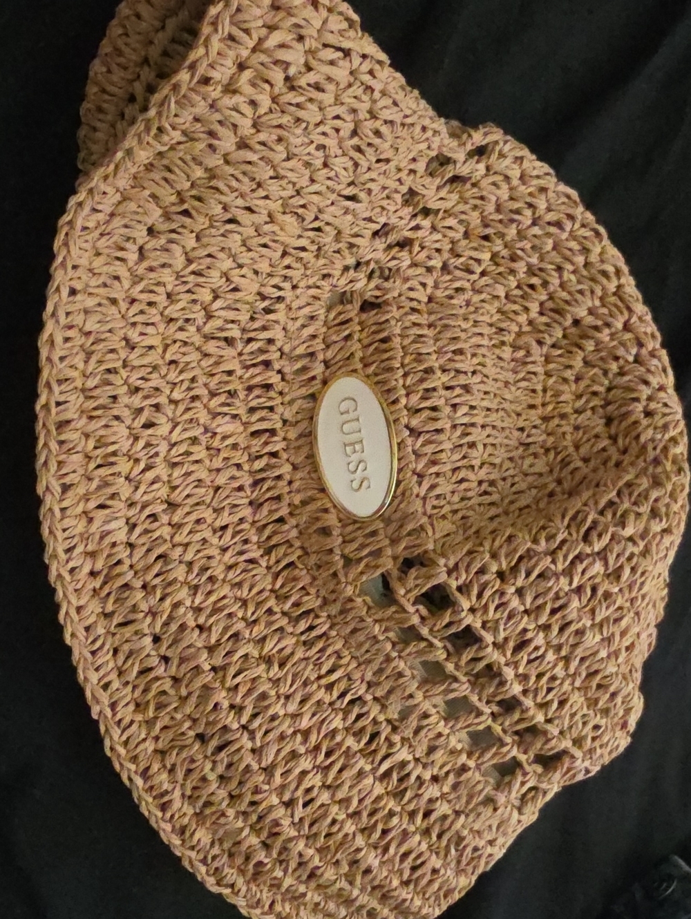 GUESS Crochet Visor Hat in Light Brown with Logo Plaque